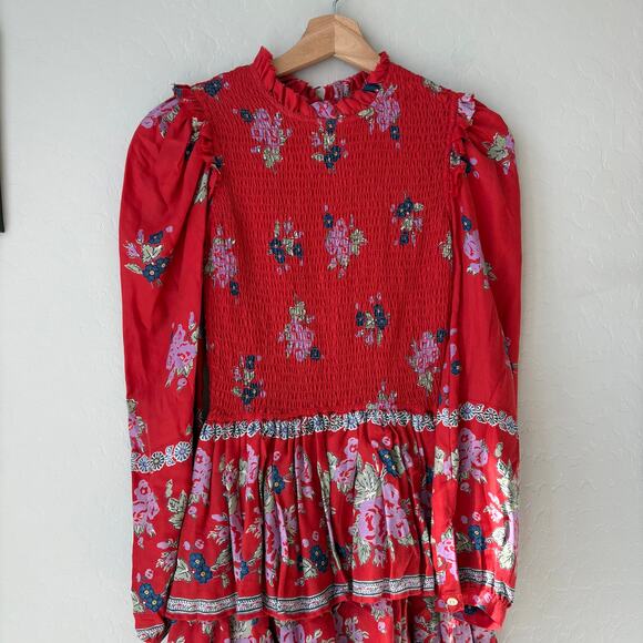NWT Alix of Bohemia Dress Floral Red Selma Carmine Smocked Long Sleeve Dress XS - Picture 4 of 9